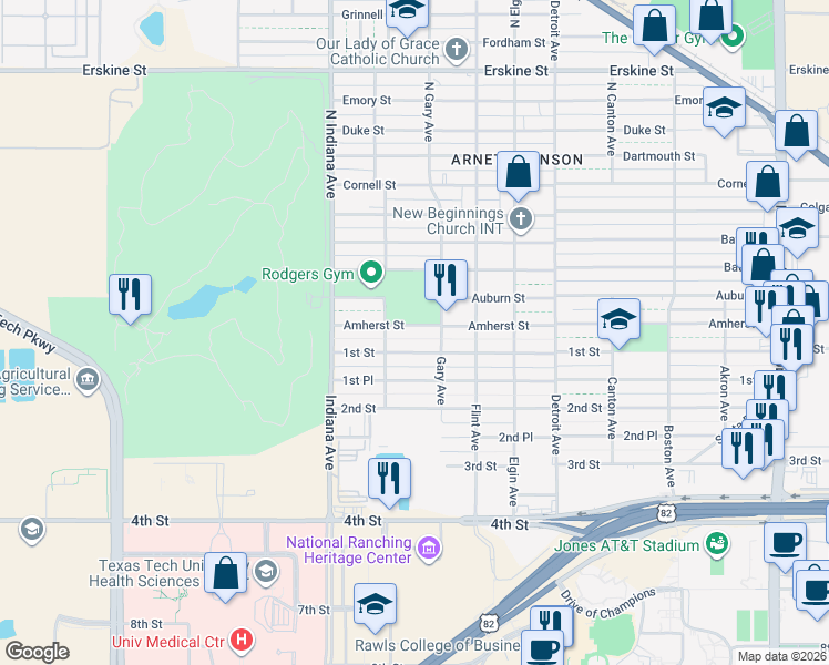 map of restaurants, bars, coffee shops, grocery stores, and more near 3211 Amherst St in Lubbock