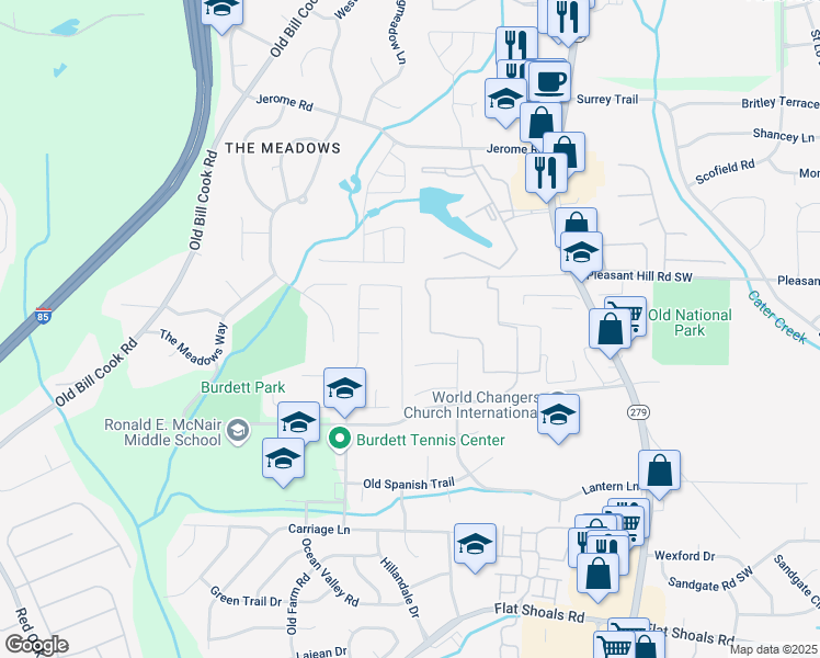 map of restaurants, bars, coffee shops, grocery stores, and more near 5680 Hampton Court in College Park