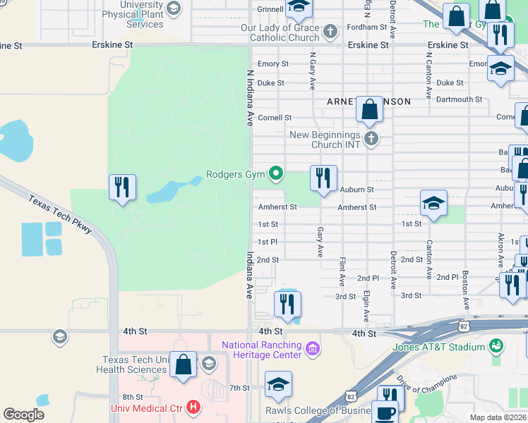 map of restaurants, bars, coffee shops, grocery stores, and more near 3321 Amherst Street in Lubbock