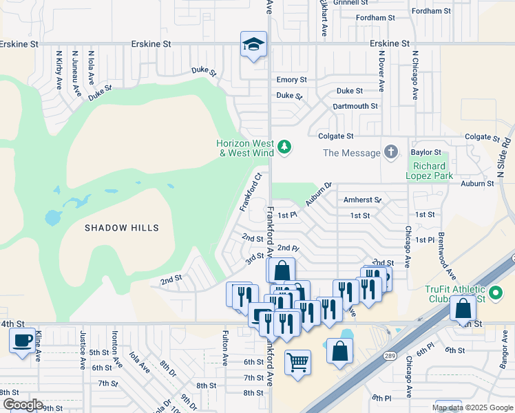 map of restaurants, bars, coffee shops, grocery stores, and more near 110 Frankford Avenue in Lubbock