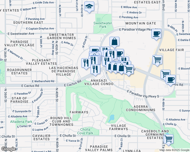 map of restaurants, bars, coffee shops, grocery stores, and more near 4242 East Cactus Road in Phoenix