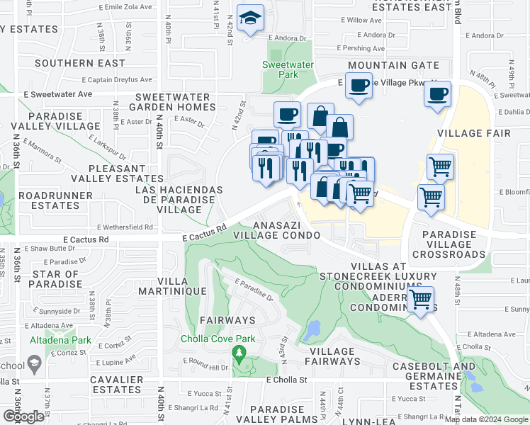 map of restaurants, bars, coffee shops, grocery stores, and more near 4242 East Cactus Road in Phoenix