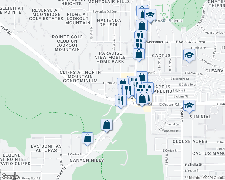 map of restaurants, bars, coffee shops, grocery stores, and more near 12231 North 19th Street in Phoenix