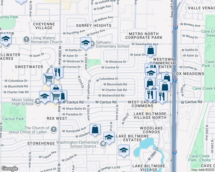 map of restaurants, bars, coffee shops, grocery stores, and more near 3127 West Bloomfield Road in Phoenix