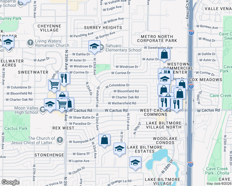 map of restaurants, bars, coffee shops, grocery stores, and more near 3127 West Bloomfield Road in Phoenix