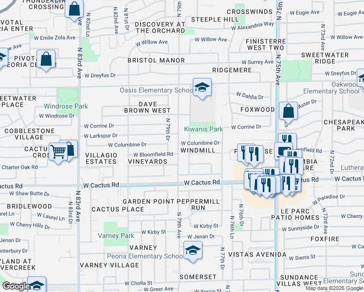 map of restaurants, bars, coffee shops, grocery stores, and more near 12511 North 79th Avenue in Peoria