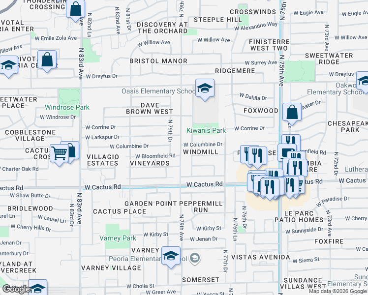 map of restaurants, bars, coffee shops, grocery stores, and more near 12511 North 79th Avenue in Peoria