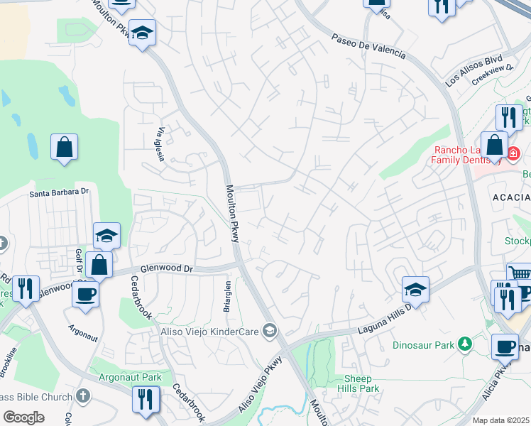map of restaurants, bars, coffee shops, grocery stores, and more near 709 Avenida Majorca in Laguna Woods