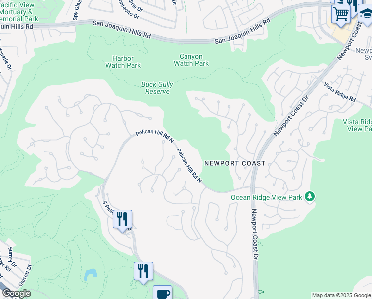 map of restaurants, bars, coffee shops, grocery stores, and more near 1 Pelican Hill Road North in Newport Beach