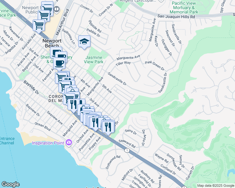 map of restaurants, bars, coffee shops, grocery stores, and more near 3520 5th Avenue in Newport Beach