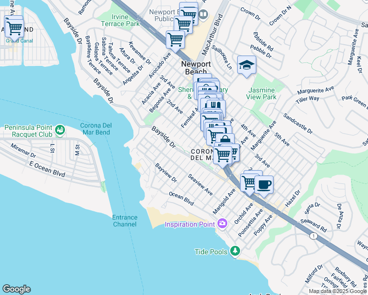 map of restaurants, bars, coffee shops, grocery stores, and more near 406 Goldenrod Avenue in Newport Beach