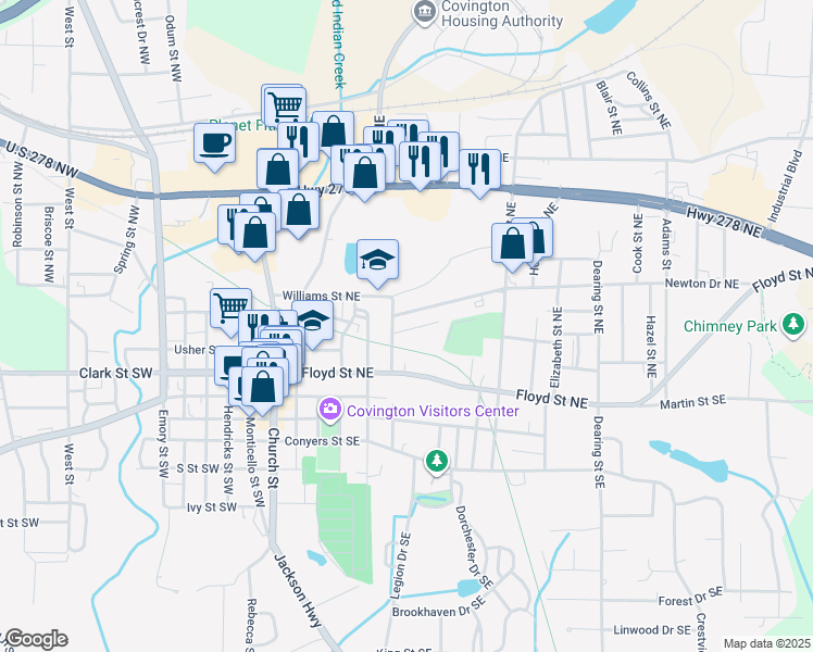 map of restaurants, bars, coffee shops, grocery stores, and more near 2160 Anderson Avenue Northeast in Covington
