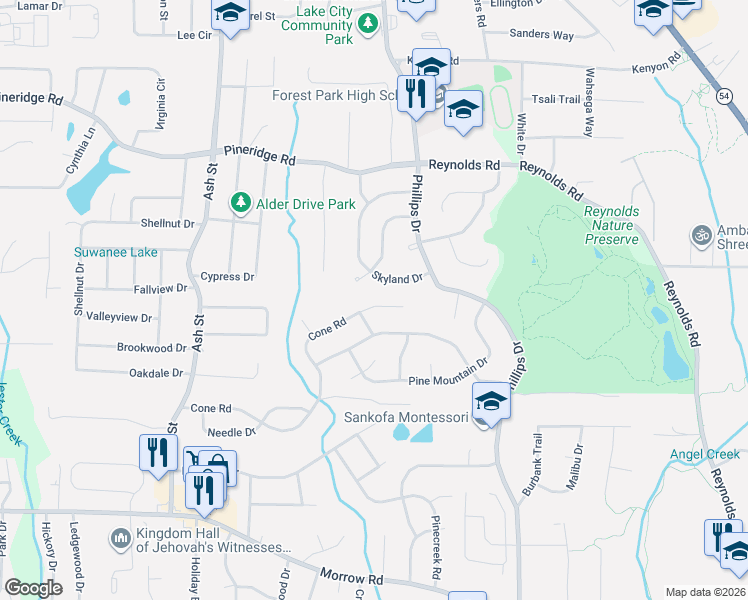 map of restaurants, bars, coffee shops, grocery stores, and more near 1028 Cone Road in Forest Park