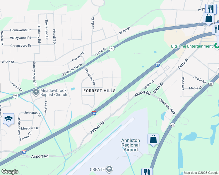 map of restaurants, bars, coffee shops, grocery stores, and more near 1312 Meadowood Lane in Oxford