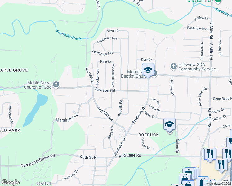 map of restaurants, bars, coffee shops, grocery stores, and more near 221 Lawson Road in Birmingham