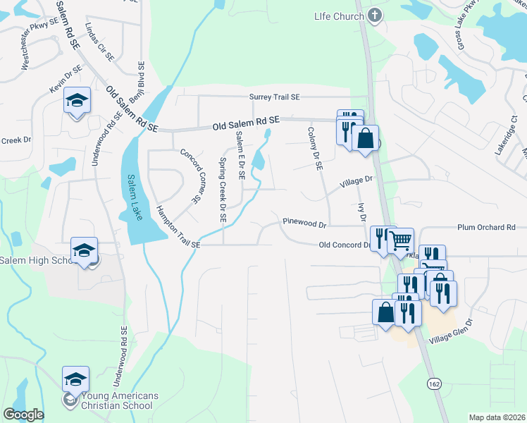 map of restaurants, bars, coffee shops, grocery stores, and more near 2257 Old Concord Drive Southeast in Covington