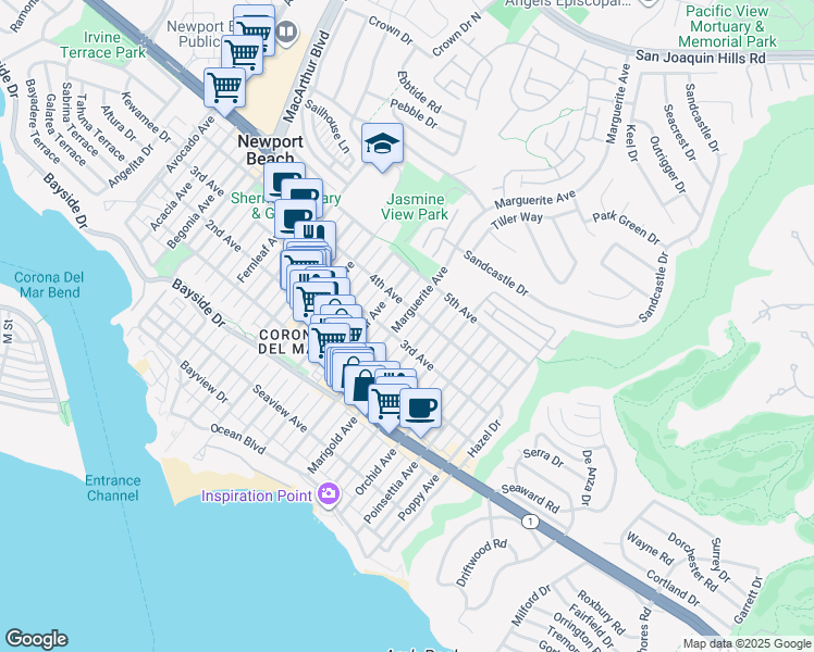 map of restaurants, bars, coffee shops, grocery stores, and more near 610 Marguerite Avenue in Newport Beach