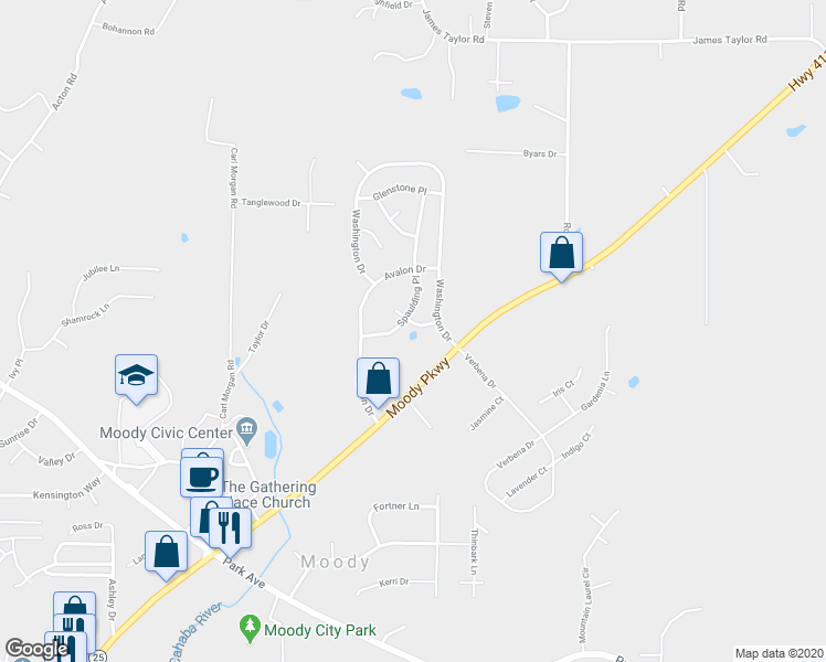 map of restaurants, bars, coffee shops, grocery stores, and more near 2127 Adkins Place in Moody