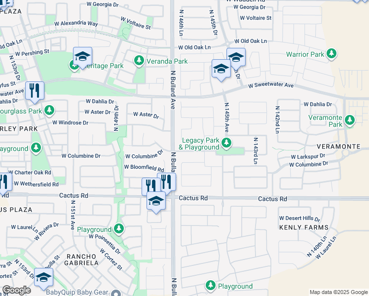 map of restaurants, bars, coffee shops, grocery stores, and more near 14664 West Larkspur Drive in Surprise