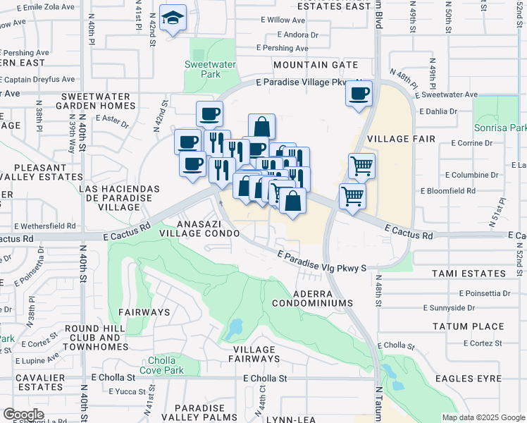 map of restaurants, bars, coffee shops, grocery stores, and more near 4555 East Cactus Road in Phoenix
