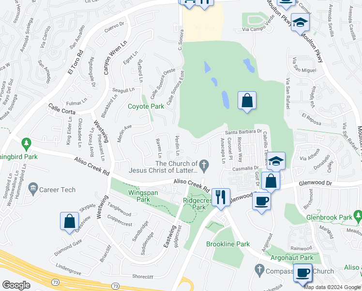 map of restaurants, bars, coffee shops, grocery stores, and more near 98 Verdin Lane in Aliso Viejo