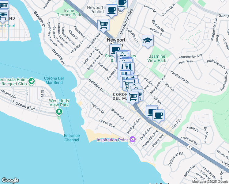 map of restaurants, bars, coffee shops, grocery stores, and more near 411 Heliotrope Avenue in Newport Beach