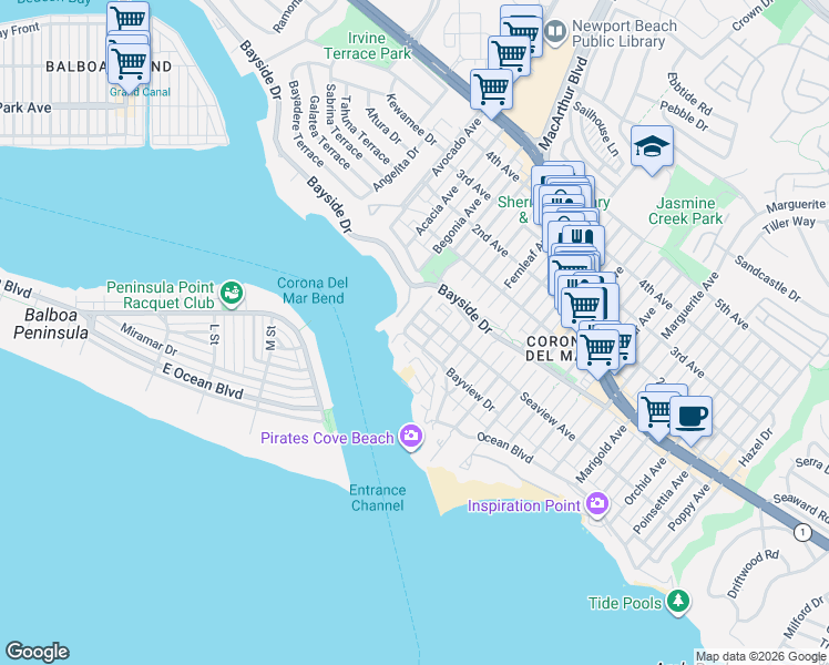 map of restaurants, bars, coffee shops, grocery stores, and more near 205 Carnation Avenue in Newport Beach