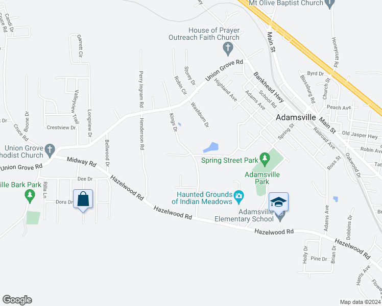 map of restaurants, bars, coffee shops, grocery stores, and more near 607 Green Boulevard in Adamsville