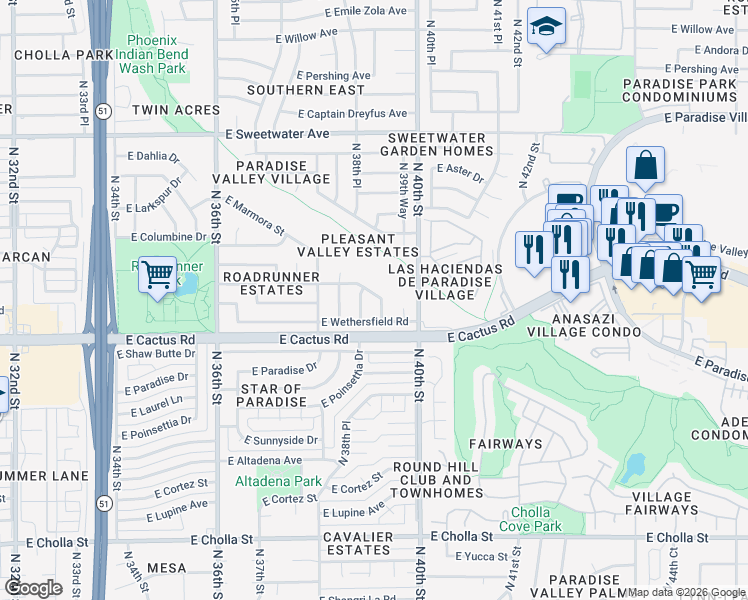 map of restaurants, bars, coffee shops, grocery stores, and more near 12232 North 39th Place in Phoenix