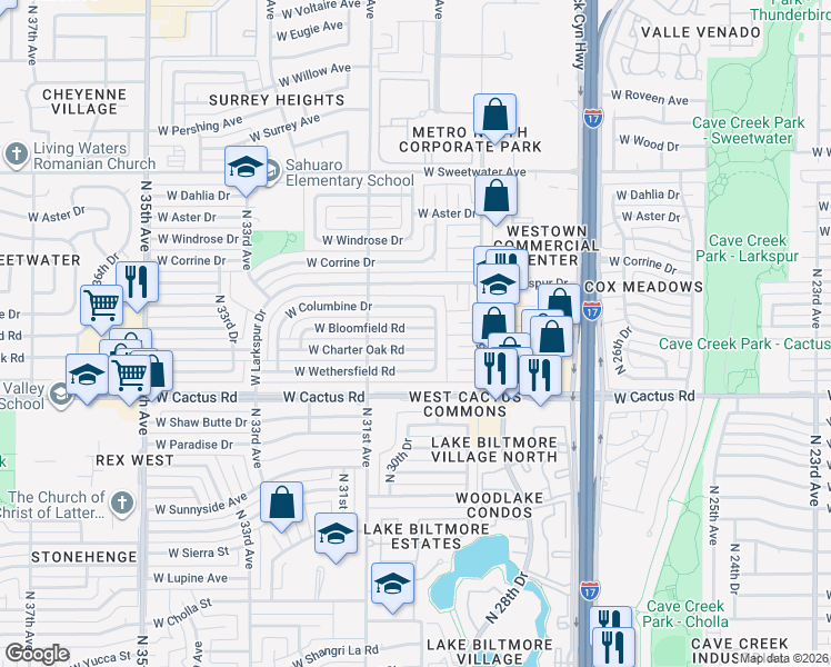 map of restaurants, bars, coffee shops, grocery stores, and more near 3015 West Bloomfield Road in Phoenix