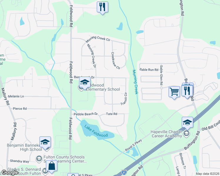 map of restaurants, bars, coffee shops, grocery stores, and more near 5790 Vernier Drive Southwest in College Park