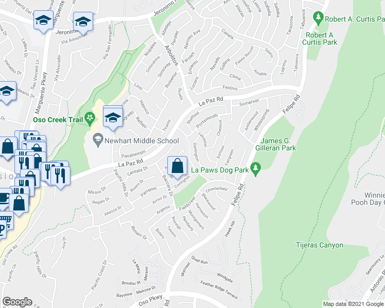 map of restaurants, bars, coffee shops, grocery stores, and more near 25221 Darlington in Mission Viejo