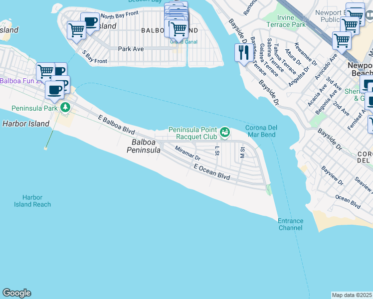 map of restaurants, bars, coffee shops, grocery stores, and more near 1532 Miramar Drive in Newport Beach