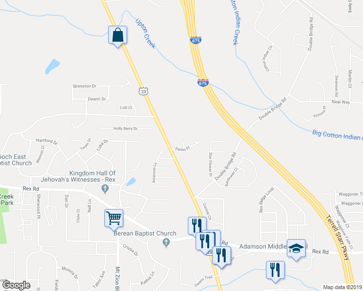 map of restaurants, bars, coffee shops, grocery stores, and more near 5733 Partin Lane in Ellenwood