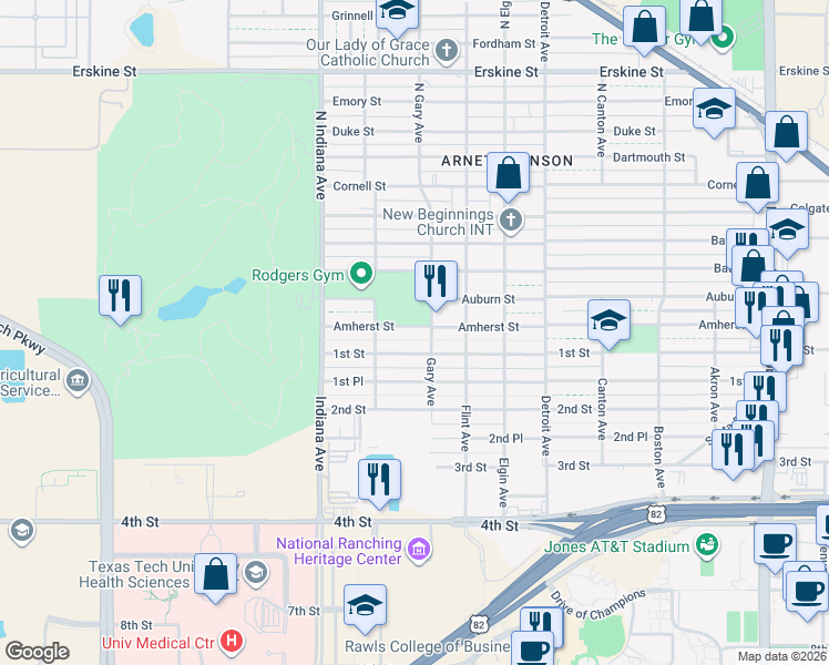 map of restaurants, bars, coffee shops, grocery stores, and more near 3211 Amherst St in Lubbock