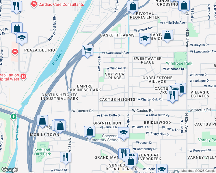 map of restaurants, bars, coffee shops, grocery stores, and more near 8819 West Corrine Drive in Peoria