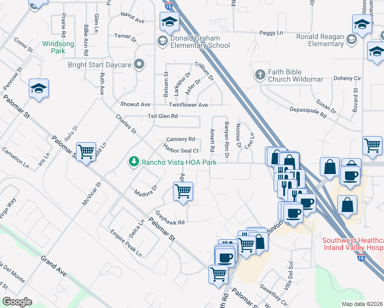 map of restaurants, bars, coffee shops, grocery stores, and more near 35982 Green Parrot Way in Wildomar