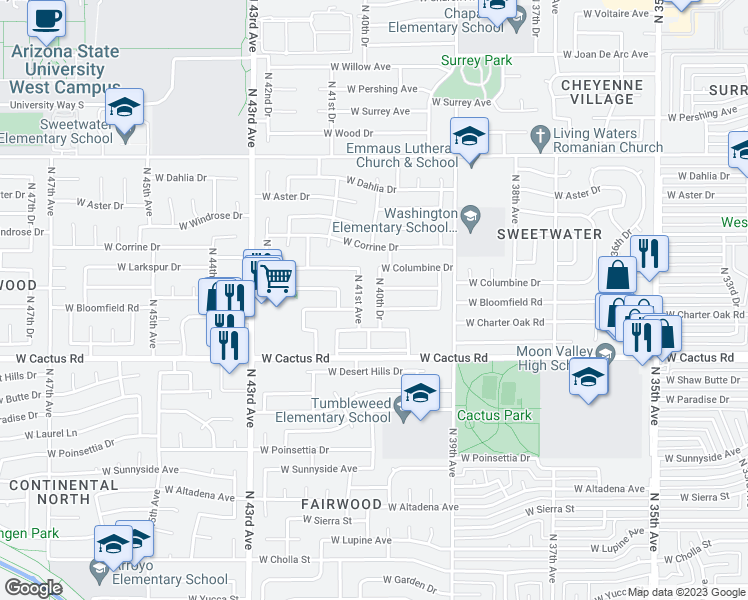 map of restaurants, bars, coffee shops, grocery stores, and more near 12410 N 40th Dr in Phoenix