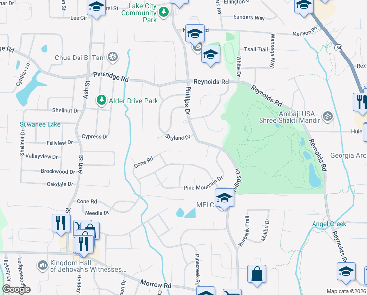 map of restaurants, bars, coffee shops, grocery stores, and more near 1060 Cone Road in Forest Park