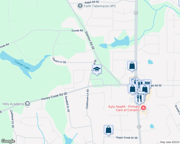 map of restaurants, bars, coffee shops, grocery stores, and more near 3431 Parr Road Southeast in Conyers
