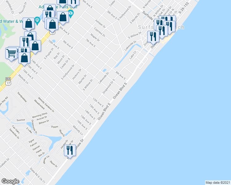 map of restaurants, bars, coffee shops, grocery stores, and more near 916A Ocean Boulevard South in Surfside Beach