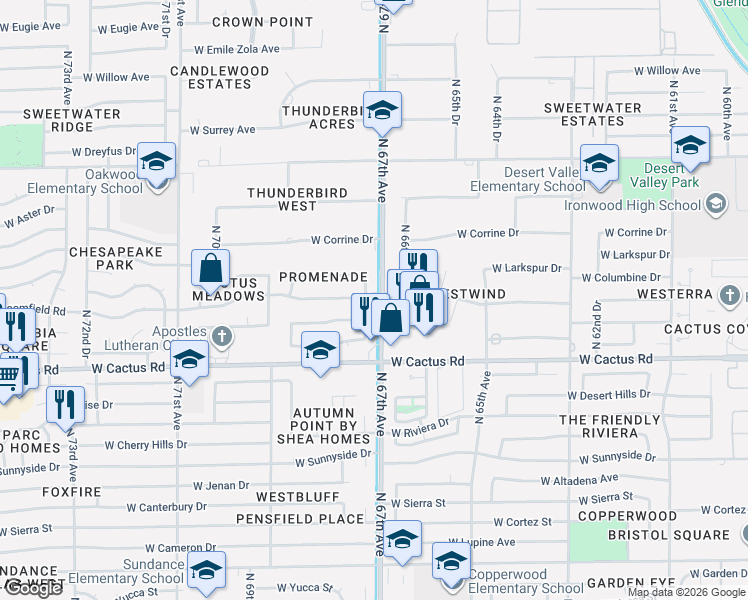 map of restaurants, bars, coffee shops, grocery stores, and more near 6707 West Bloomfield Road in Peoria