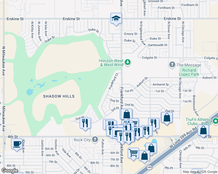 map of restaurants, bars, coffee shops, grocery stores, and more near 148 Frankford Court in Lubbock