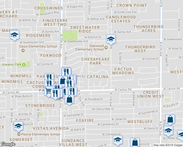 map of restaurants, bars, coffee shops, grocery stores, and more near 7221 West Columbine Drive in Peoria