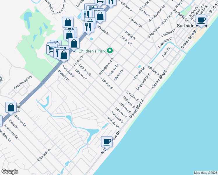 map of restaurants, bars, coffee shops, grocery stores, and more near 329 13th Avenue South in Surfside Beach