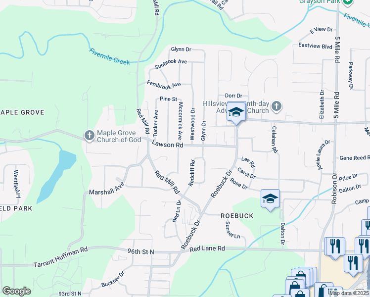 map of restaurants, bars, coffee shops, grocery stores, and more near 221 Lawson Road in Birmingham