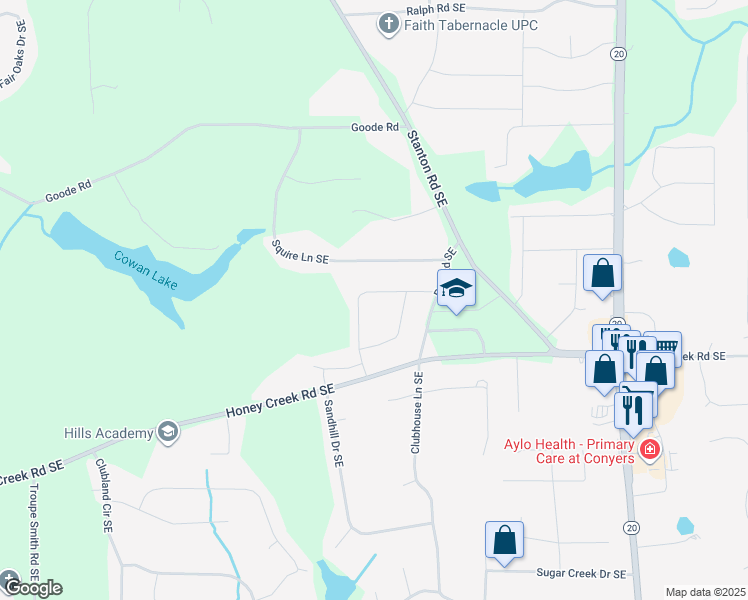 map of restaurants, bars, coffee shops, grocery stores, and more near 3442 Creekwood Drive Southeast in Conyers