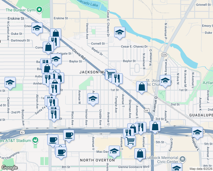 map of restaurants, bars, coffee shops, grocery stores, and more near 107 North Avenue U in Lubbock