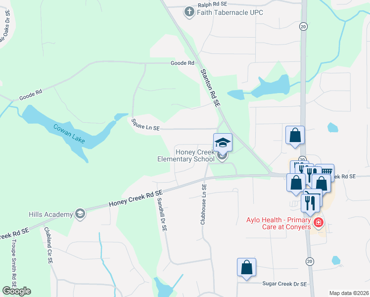 map of restaurants, bars, coffee shops, grocery stores, and more near 3442 Creekwood Drive Southeast in Conyers