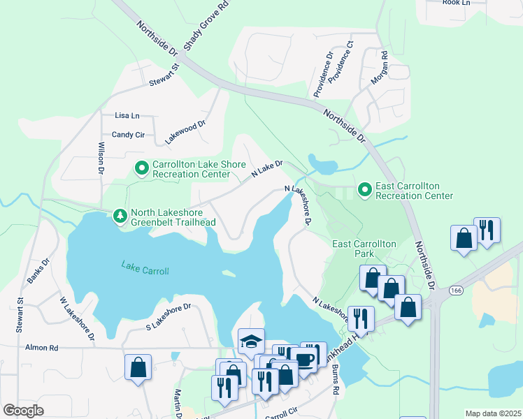 map of restaurants, bars, coffee shops, grocery stores, and more near 424 North Lakeshore Drive in Carrollton